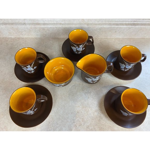 Crown Devon Open Sugar Bowl & Creamer With 5 Cups And Saucers Brown And Orange - Picture 4 of 5